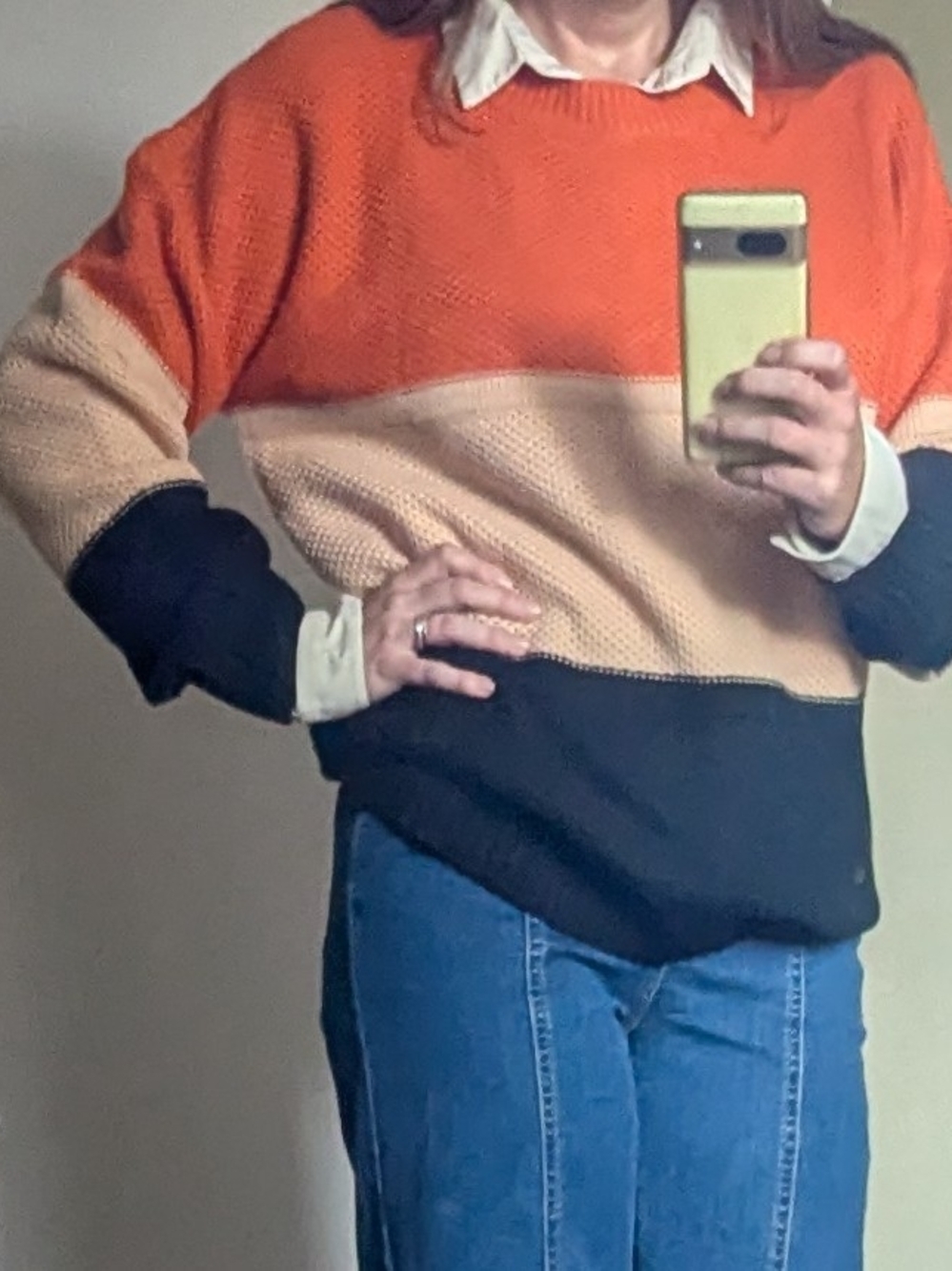 Colorblock Crewneck Sweater in Orange, Beige & Black